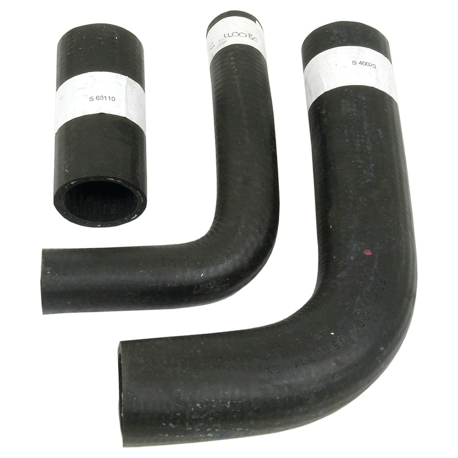 Three rubber hoses of various shapes and sizes, each featuring a white label and unique curvature, are displayed against a white background. Ideal for the Massey Ferguson TEF20, this high-quality Hose Set (Sparex Part No.S.43013) guarantees durability and reliability in your machinery.