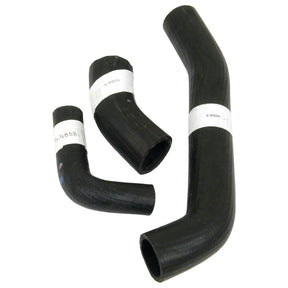 Three black rubber hoses of varying shapes and lengths are displayed, each with white labels containing text. These hoses are part of the Hose Set (Sparex Part No. S.43014) by Sparex, specifically designed for the Massey Ferguson FE35 model.