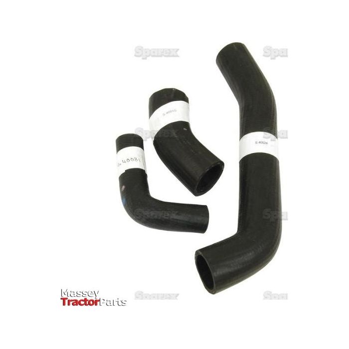 Three black rubber hoses of varying sizes, each with a sticker label. The Massey Tractor Parts logo is in the bottom left corner. Ideal for Massey Ferguson FE35 models, the Sparex Hose Set (Part No. S.43014) ensures reliable performance and fit.