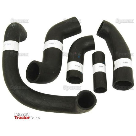 Six black rubber hoses of various shapes and sizes, each with a white label, arranged on a white background. Text at the bottom left reads "Massey Tractor Parts - compatible with Ford / New Holland DEXTA." The products shown are part of the Hose Set by Sparex (Sparex Part No.S.66632).