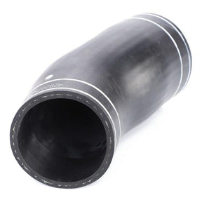 The AGCO Massey Ferguson - Hose Turbo - 4282078M1 is a black rubber hose featuring white markings, designed with a slight curve and tapered at one end, ideal for fluid transfer or air intake applications. This hose is compatible with the Massey Ferguson 5400 Series.