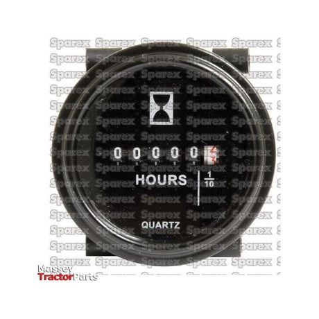 A round, black hour meter labeled "Quartz" on the face shows "00000" hours. It is compatible with 10-80V electrical systems and includes a backdrop featuring repeated Sparex logos with "Massey Tractor Parts" text in the bottom left corner. This product is called Hourmeter - Electrical, 10-80V (Sparex Part No.S.26429) by Sparex.