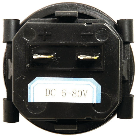Close-up view of a Sparex Hourmeter - Electrical, 10-80V (Sparex Part No. S.26429), a black component with two terminals labeled "DC 10-80V," resembling an hourmeter.