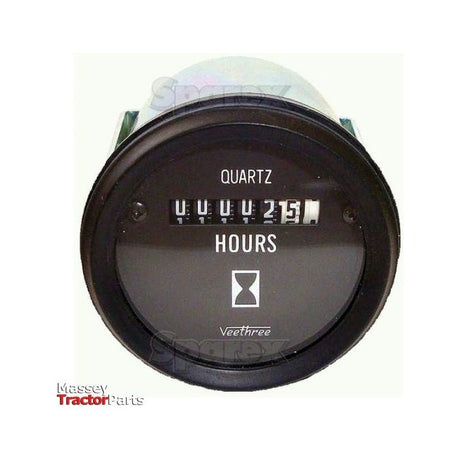 A round quartz hourmeter displaying 251 hours, featuring the "Veethree" label and an hourglass icon, alongside "Sparex" and "Massey Tractor Parts" logos. This electrical device is compatible with 12/24V systems and is identified by Sparex Part No. S.52672 under the brand name Sparex.