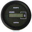 A round digital hourmeter featuring an LCD display that shows hours, labeled "QUARTZ" at the top and "VeeThree" at the bottom. The Sparex Hourmeter - LCD Display, 8-32V (Part No. S.52673) is suitable for 8-32V systems.