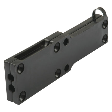 A black metal sliding bolt door latch with several screw holes visible around its edges, ideal for Massey Ferguson tractor parts, pairs well with the Foot Throttle Housing (Sparex Part No.S.42192) by Sparex.