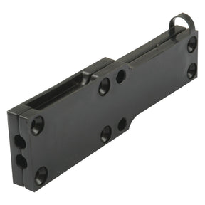 The Foot Throttle Housing by Sparex (Part No. S.42192) is a black metal rectangular bracket featuring multiple screw holes and a curved hook at one end, making it an ideal component for Massey Ferguson tractor parts.