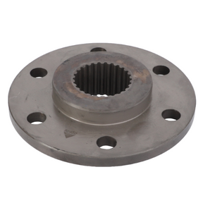 The AGCO Massey Ferguson - Hub - 3713263M2 is a metal circular flange featuring a toothed central hole and five evenly spaced mounting holes around its circumference, commonly used in the Massey Ferguson 3000 Series.