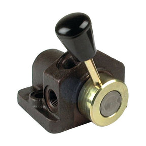 The Sparex Top Cover Mounted 1 Port Isolator/Diverter Valve (Part No. S.5939), designed for precise flow control, features a black lever-operated hydraulic control mechanism with a brass-colored base and two threaded 3/8'' BSP ports. It is suitable for MF applications.
