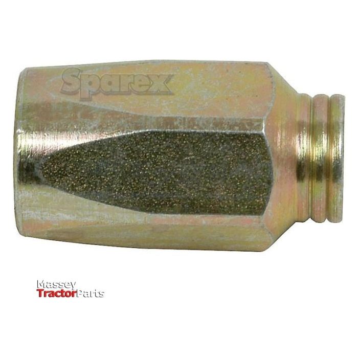A hexagonal-shaped metal fitting, labeled "Sparex," with visible threads on one end and the words "Massey Tractor Parts" in red and black on the bottom left corner. Identified as a Hydraulic 2-Piece Re-usable Coupling Ferrule, Part No. S.4735 by Sparex, it is designed as a 3/8'' Hose Ferrule for 1-wire non-skive applications.
