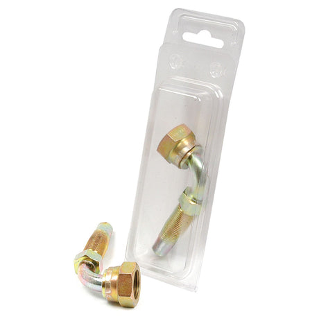 A Hydraulic 2-Piece Re-usable Coupling Insert 1/2'' x 1/2'' BSP female 90 swept (Sparex Part No. S.21122) partially removed from a transparent plastic blister package.