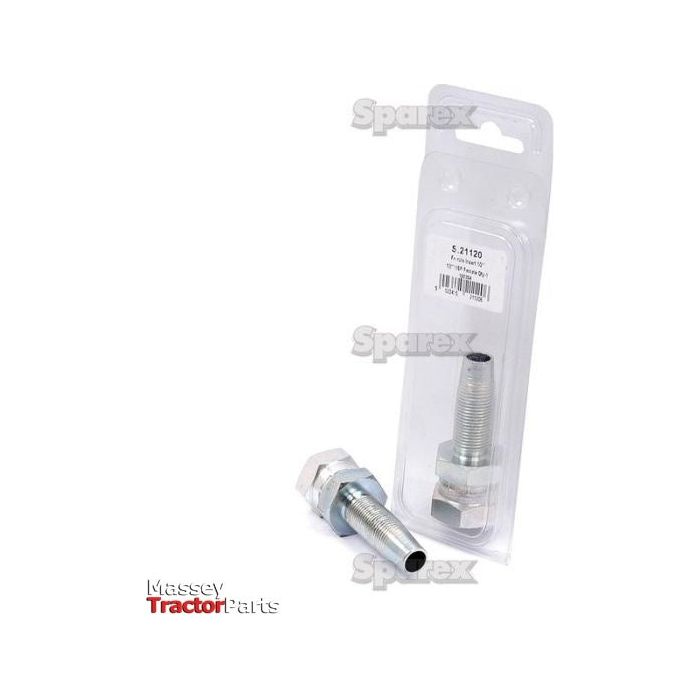 A packaged metallic pipe fitting labeled "Hydraulic 2-Piece Re-usable Coupling insert 1/2'' x 1/2''BSP female Agripak | Sparex Part No.S.21120" and a re-usable, identical unpackaged 1/2'' BSP female insert fitting. The packaging displays Sparex branding and a barcode.