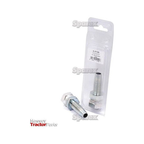 A packaged metallic pipe fitting labeled "Hydraulic 2-Piece Re-usable Coupling insert 1/2'' x 1/2''BSP female Agripak | Sparex Part No.S.21120" and a re-usable, identical unpackaged 1/2'' BSP female insert fitting. The packaging displays Sparex branding and a barcode.