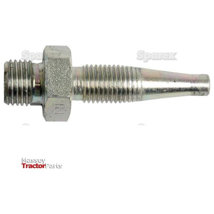 The image showcases a hydraulic 2-piece re-usable coupling insert with 1/4" x 1/4"BSP male threaded ends, one side featuring a nut and tapered tip. The text reads "Spares" and "Massey Tractor Parts." This DN6 male insert is designed for re-usable hoses. It is branded as Sparex, with Part No. S.4744.