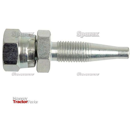Image of the Hydraulic 2-Piece Re-usable Coupling insert, featuring a threaded design with a hexagonal nut and tapered end. The words "Sparex" and "Massey Tractor Parts" are visible on the image, emphasizing its re-usable nature and compatibility with various hose I/D applications. This specific model is the Sparex Part No.S.2558, fitting 1/4'' x 3/8''BSP female connections.