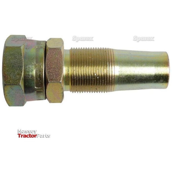 A metal pipe fitting with threads and a hexagon-shaped nut is depicted. The background is white, and "Massey Tractor Parts" is visible in the lower left corner. This Hydraulic 2-Piece Re-usable Coupling insert 1'' x 1'' BSP female (Sparex Part No.S.4755) from Sparex is designed for versatile applications.