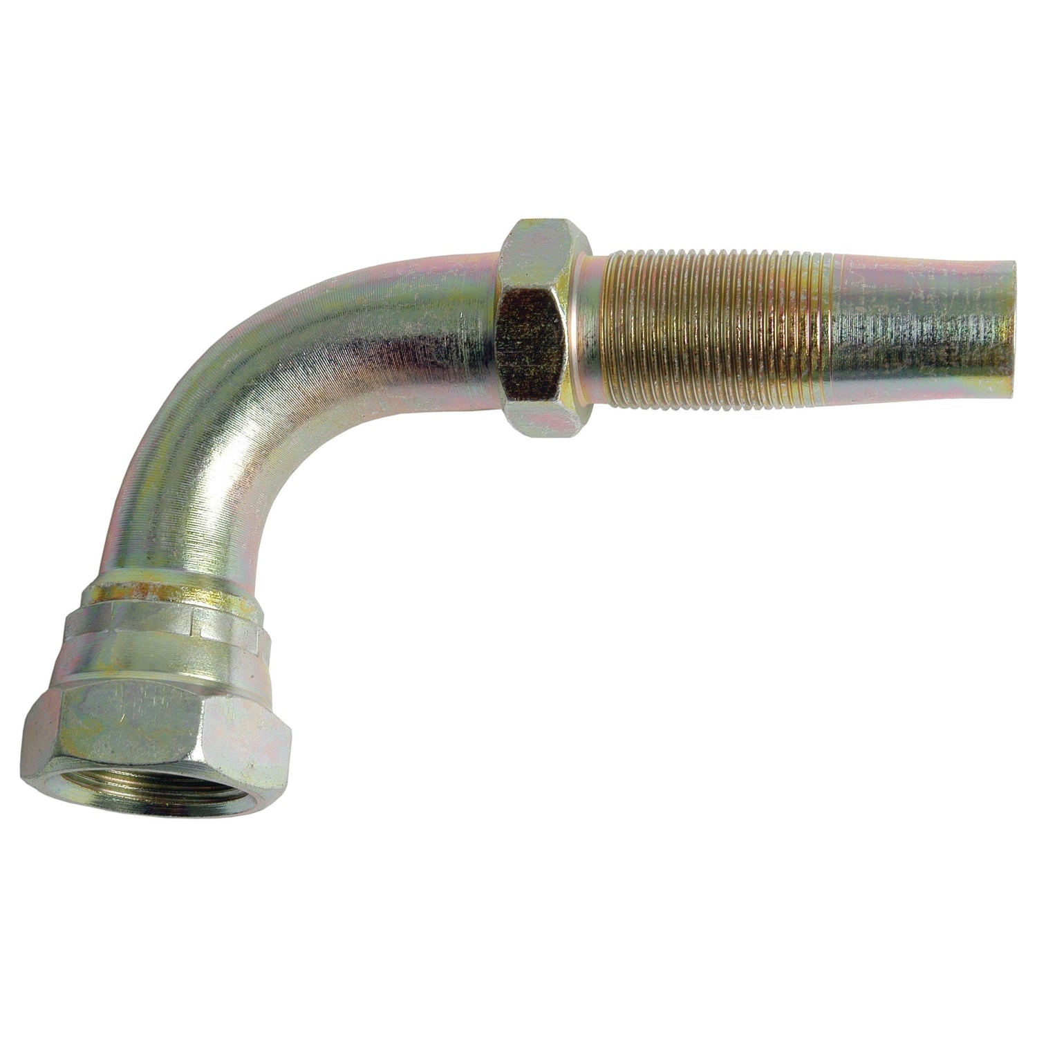 Image of a Sparex Hydraulic 2-Piece Re-usable Coupling insert with a hexagonal nut, threaded end, and a 90° female bend suitable for a DN20 or 3/4'' hose | Sparex Part No. S.4760.
