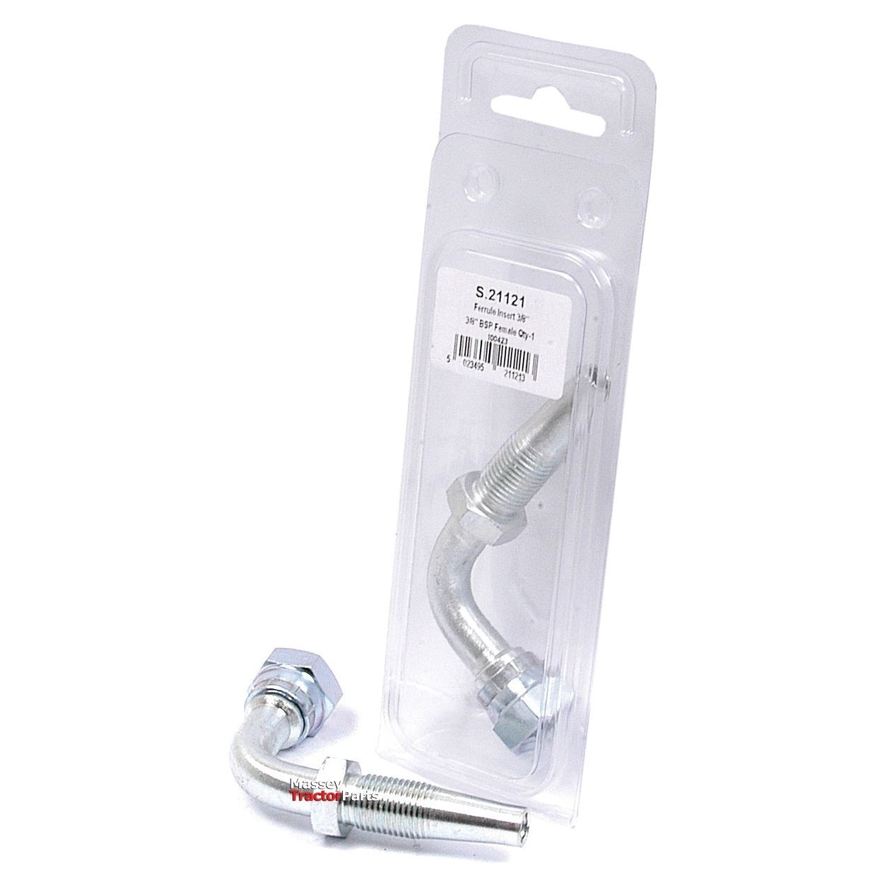Packaged Hydraulic 2-Piece Re-usable Coupling insert 3/8'' x 3/8'' BSP female with a hexagonal bolt section and a 90-degree elbow joint, displayed both inside and outside of clear plastic packaging. Includes a versatile re-usable Sparex Part No.S.21121 Agripak insert.