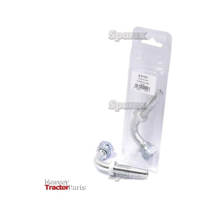 An L-shaped bolt with a hexagonal head is shown; one in a package marked "S.21121" and another outside the package, with text reading "Massey Tractor Parts" in the bottom left corner. The versatile bolt is compatible with the Hydraulic 2-Piece Re-usable Coupling Insert 3/8'' x 3/8'' BSP Female 90 Swept Agripak from Sparex, Part No. S.21121.