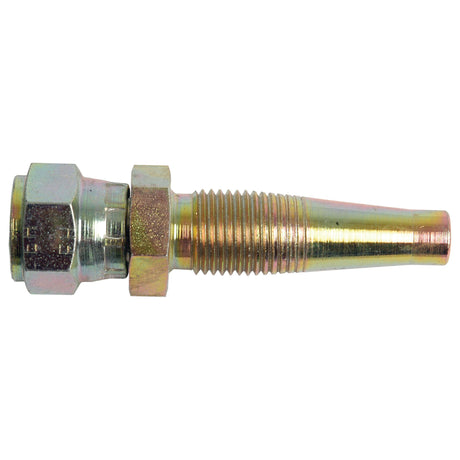 Close-up of a Sparex Hydraulic 2-Piece Re-usable Coupling insert (Sparex Part No. S.4766) featuring a hexagonal nut, a tapered, threaded end, and a female insert for thread 9/16'' JIC.