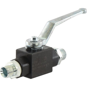 Close-up of the Hydraulic 2-Way Shut-off Ball Valve M18 x 1.5 - S.30220 by Sparex, featuring a lever handle on top and threaded connectors on either side. Suitable for various piping systems, the detailed product specifications provide comprehensive manufacturing information for optimal use.