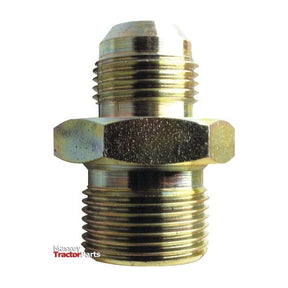 A metal threaded hydraulic adapter fitting with a hexagonal center, ideal for tractor parts. This high-quality Sparex Hydraulic Adaptor 1/2'' BSP Male x 1 1/16'' JIC Male (Sparex Part No. S.12996) ensures a secure and reliable connection.