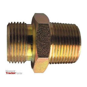 Close-up of a brass Hydraulic Adaptor 1/2'' BSP Male to 3/4'' NPT Male threaded pipe fitting with a hexagonal middle section. The adaptor, known as Sparex Part No. S.35054, features threads on both ends and is pictured against a white background with a "Massey Tractor Parts" logo in the corner.