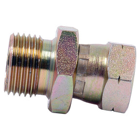 Close-up view of the Sparex Hydraulic Adaptor 1/2'' BSP Male x M16x1.50 Metric Swivel Female (Part No.S.11975) and a metallic hex nut, commonly used in plumbing or mechanical assemblies.