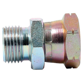 The Sparex Hydraulic Adaptor 1/2'' BSP Male x M20x1.50 Metric Swivel Female (Part No. S.11977) features a BSP male-threaded hex nipple with a fixed nut, a smooth hexagonal section adjacent to a larger round section, and a grooved end.
