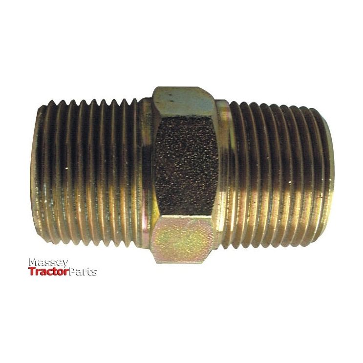 A brass 1/2'' NPT Male threaded pipe fitting with a hexagonal center, serving as a hydraulic adaptor, is displayed on a plain background with the "Sparex" logo in the corner. The product is identified as the Hydraulic Adaptor 1/2''NPT male - 1/2''NPT male (Sparex Part No.S.35063).