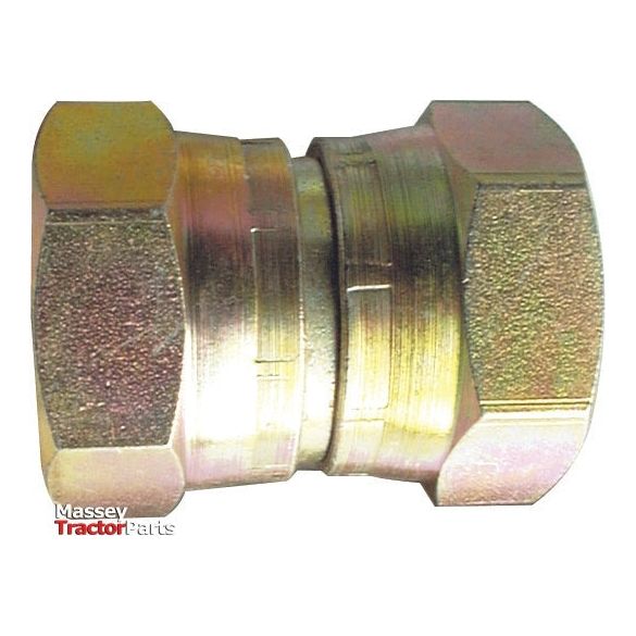 A close-up image of a brass hexagonal nut assembly with threading visible in the middle, labeled "Massey Tractor Parts" in the bottom left corner. This high-quality Hydraulic Adaptor 1/4'' BSP Swivel Female x 1/2'' BSP Swivel Female (Sparex Part No.S.12004) is perfect for your machinery needs, ensuring durability and reliability with Sparex precision.