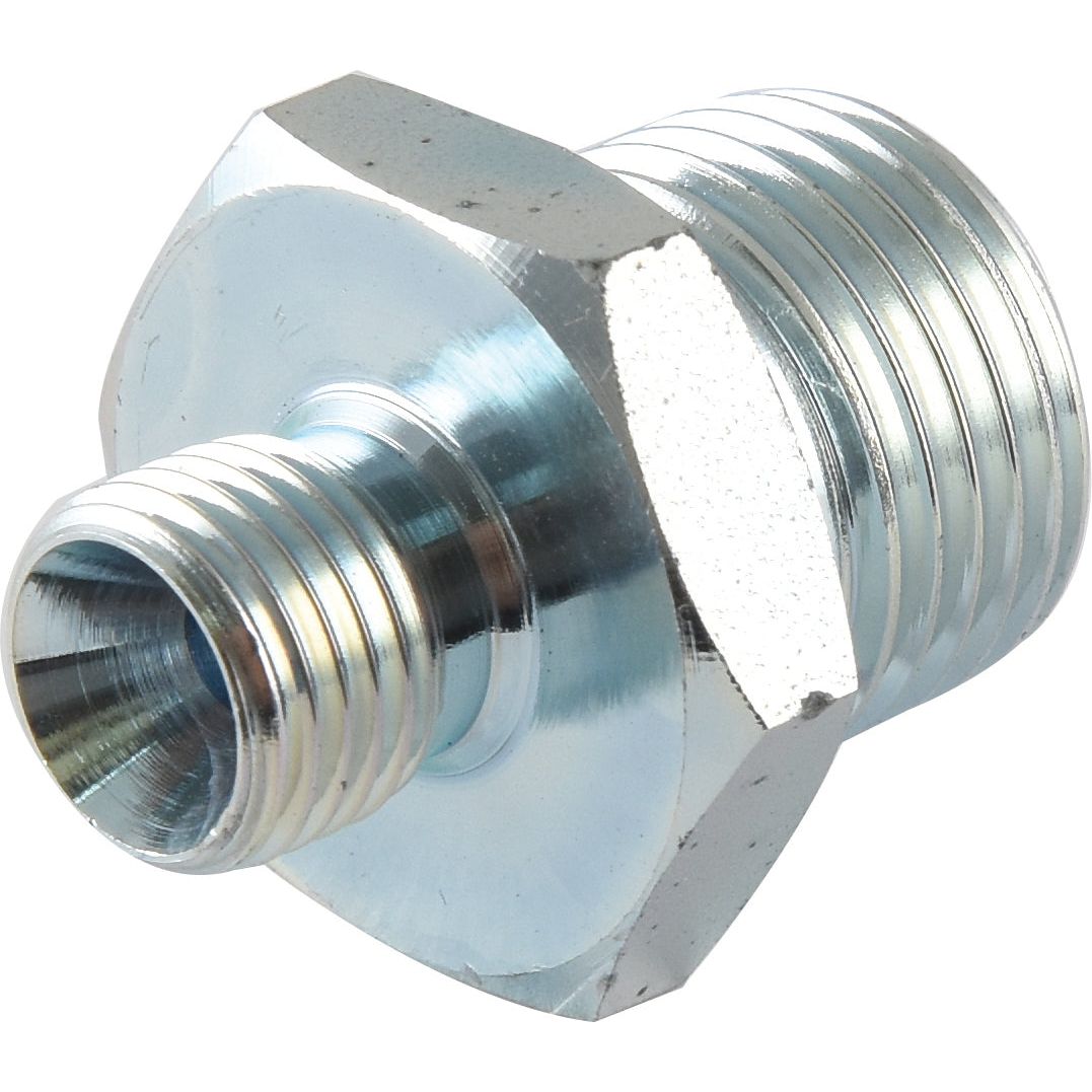A metallic, hexagonal pipe fitting with threading on both ends, used for connecting two pipes. This versatile Hydraulic Adaptor from Sparex features 1/4'' BSP Male x 1/2'' BSP Male threads for reliable performance (Sparex Part No.S.4677).
