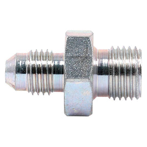 The Sparex Hydraulic Adaptor 1/4'' BSP Male x 7/16'' JIC Male (Part No. S.11949) is a metal hex-shaped hydraulic adaptor featuring BSP male screw threads on one end and JIC male screw threads on the other end.