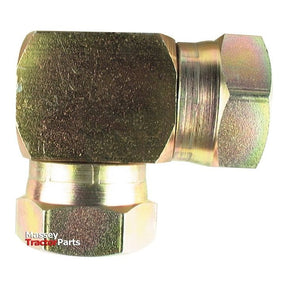A metallic elbow pipe fitting labeled "Sparex," featuring shiny threaded BSP female ends, and designed as a Hydraulic Adaptor 3/4'' BSP male to 3/4'' BSP 90° compact female for optimal hose adaptor use (Sparex Part No.S.35120).