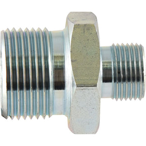 The Hydraulic Adaptor 3/8'' BSP Male x 3/4'' BSP Male, Sparex Part No. S.4678, is a metal hex nipple fitting with BSP male threads on both ends, making it ideal for connecting two female-threaded pipes or hoses. This high-quality adaptor belongs to the reputable Sparex brand.