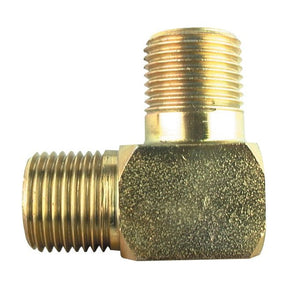 The Sparex Hydraulic Adaptor 3/8'' BSP Male x 3/8'' BSP Male 90° Compact Elbow (Part No. S.14122) features a brass BSP male hex head threaded pipe fitting with male threads on both ends, making it perfect for various hydraulic applications.