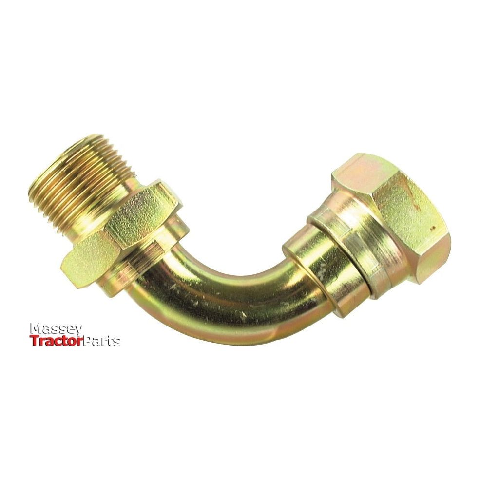 A Sparex Hydraulic Adaptor 3/8'' BSP Male x 3/8'' BSP Swivel Female 90° Swept Elbow, labeled "Massey Tractor Parts" in the corner of the image.