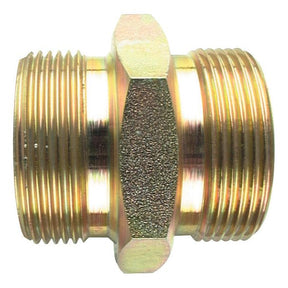 A hydraulic adaptor with a hexagonal middle section and threaded ends, used for connecting two pipes, often known as the Sparex Hydraulic Adaptor 3/8" BSP Male x 3/8" BSP Male (Sparex Part No. S.2520).