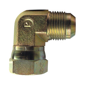 The Sparex Hydraulic Adaptor, Part No. S.35080, is a 90° compact elbow hydraulic fitting made of brass with 7/16'' JIC male to female ends, designed for connecting tubes or serving as a hose adaptor in hydraulic systems.