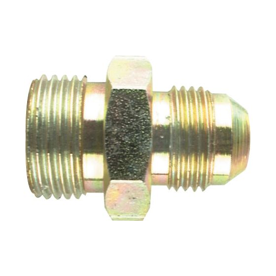 The Sparex Hydraulic Adaptor 7/8'' UNF male - 3/4'' JIC male (Sparex Part No.S.14170) is a metal threaded hydraulic fitting with a hexagonal nut in the middle, featuring threads on both ends for connecting pipes or tubes.