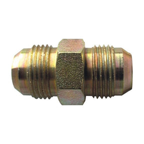 A brass Sparex hydraulic adaptor, Sparex Part No. S.35067, featuring 9/16" JIC male flare union couplings with threaded ends and a hexagonal central section.