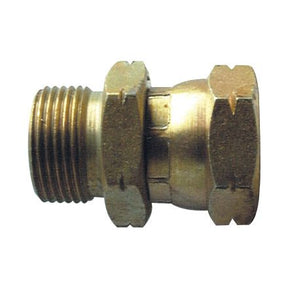 The Sparex Hydraulic Adaptor M16x1.50 Metric Male x M18x1.50 Metric Swivel Female (Part No. S.11986) is a brass compression fitting featuring a threaded metric male end and a swivel female connection, perfect for securing pipes or tubes in hydraulic systems.