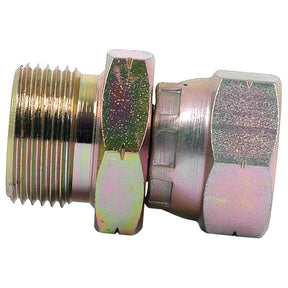 The Sparex Hydraulic Adaptor M22x1.50 Metric Male x M18x1.50 Metric Swivel Female (Sparex Part No.S.11992) is a metal compression fitting with threaded and hexagonal elements, used for connecting pipes and serving as a hydraulic adaptor featuring both Metric Female and Metric Male ends.