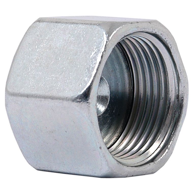 Close-up of a hexagonal silver hydraulic blanking cap adapter with internal threading, suitable for use in mechanical assemblies, such as a 1.3/16''UNF connection on a Parker Hose (Sparex Part No. S.20861).