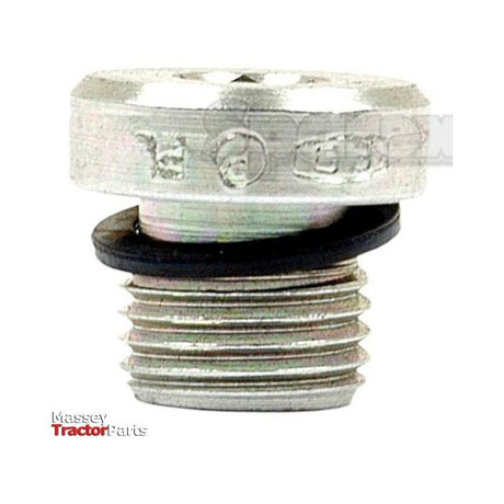 A metal screw plug with a black rubber washer is depicted in the image, which also features the Massey Tractor Parts logo in the bottom left corner. Identified as the Hydraulic Blanking Plug Adaptor M10 x 1.0 | Sparex Part No.S.34230, this Sparex product ensures secure sealing for your tractor's hydraulic system.