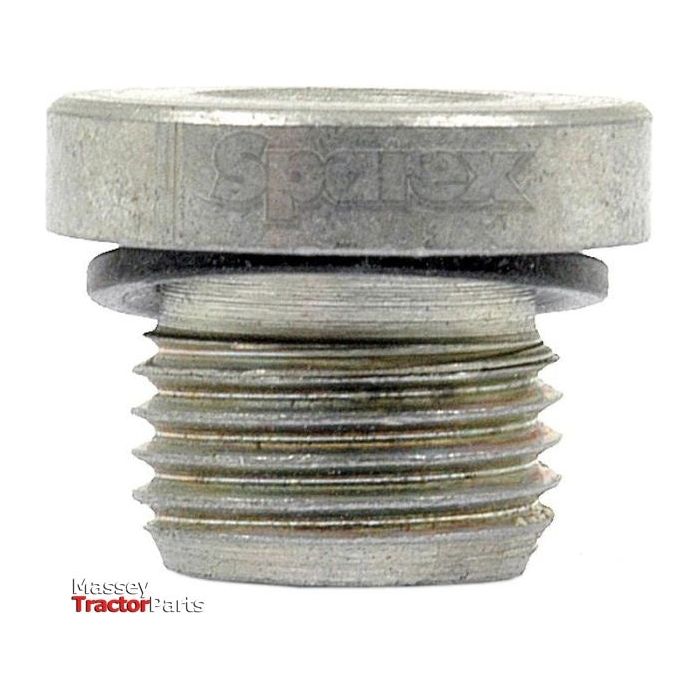 A hydraulic blanking plug adaptor labeled with the brand "Sparex," featuring an M16 x 1.5 specification and Sparex Part No.S.34233, has a silver metal threaded design. The Massey Tractor Parts logo is situated in the bottom left corner.