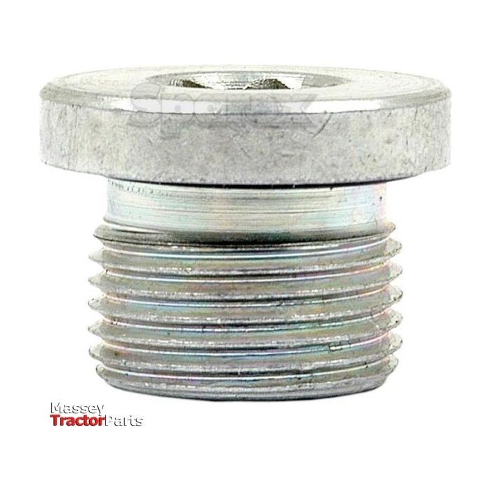 A close-up of a metallic hex head threaded plug, with text "Sparex" and "Massey Tractor Parts" visible in the background, highlighting a Hydraulic Blanking Plug Adaptor M20 x 1.5 (Sparex Part No.S.34235) configuration.