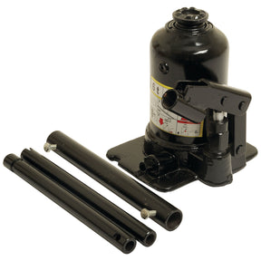 A Hydraulic Bottle Jack 6T (Sparex Part No.S.20798) from Sparex in black is displayed, featuring its separate handle components laid beside it.