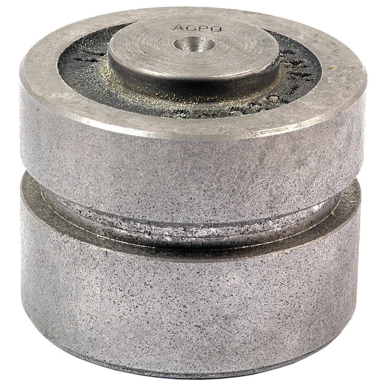 Close-up of a cylindrical metal object resembling a piston with a smaller disc on top. The surface appears worn and textured, similar to the Hydraulic Cylinder Piston (Sparex Part No.S.66192) by Sparex, commonly used in hydraulic lifts.