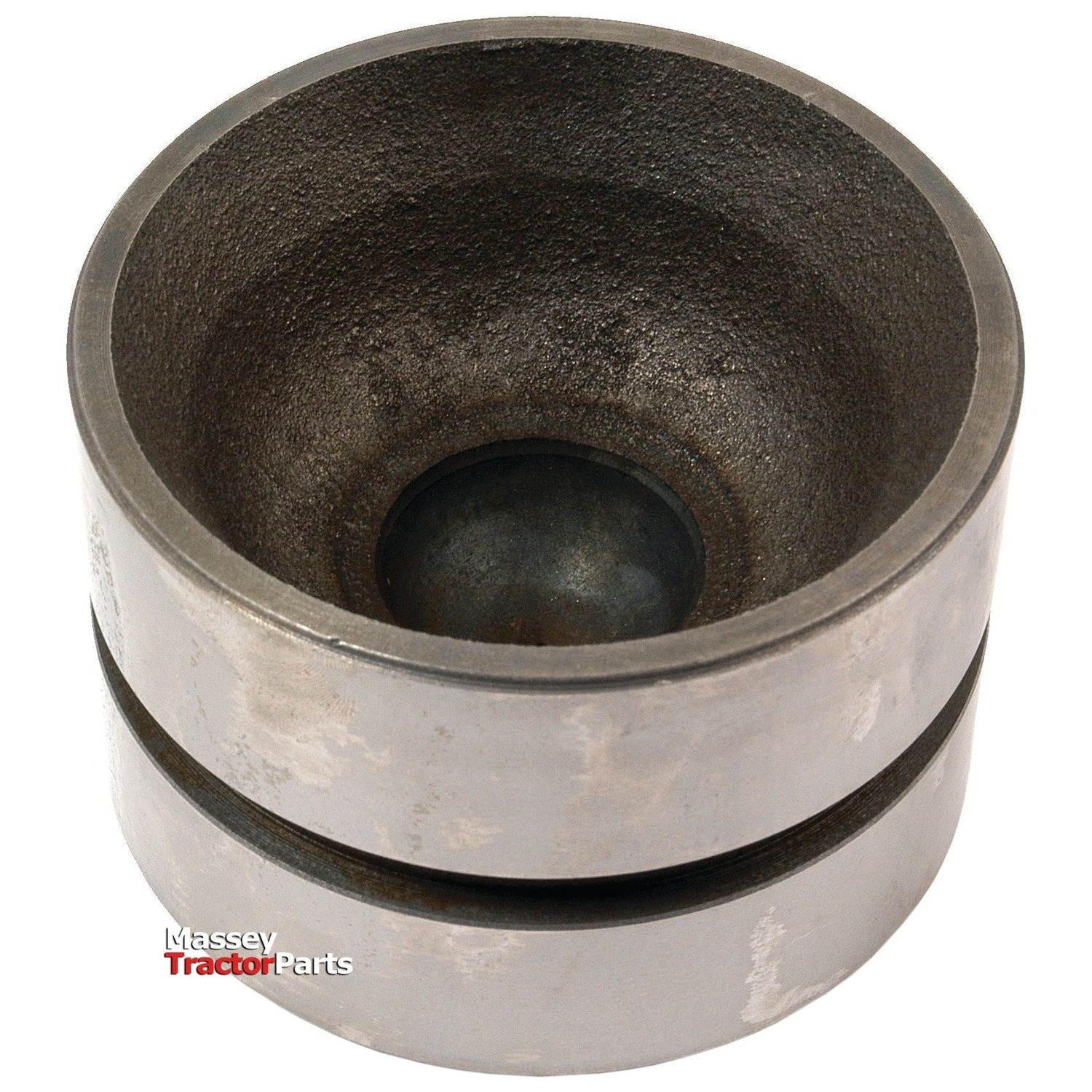 The Sparex Hydraulic Cylinder Piston | Part No. S.66194 is designed with a cylindrical shape, featuring a recessed center and a textured inner surface, commonly used in agricultural machinery. The Massey Tractor Parts logo is prominently displayed at the bottom, and it is fully compatible with Ford New Holland systems.